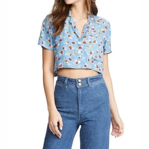 Faithfull The Brand Blue Floral Print  Cropped Button-Down‎ Blouse